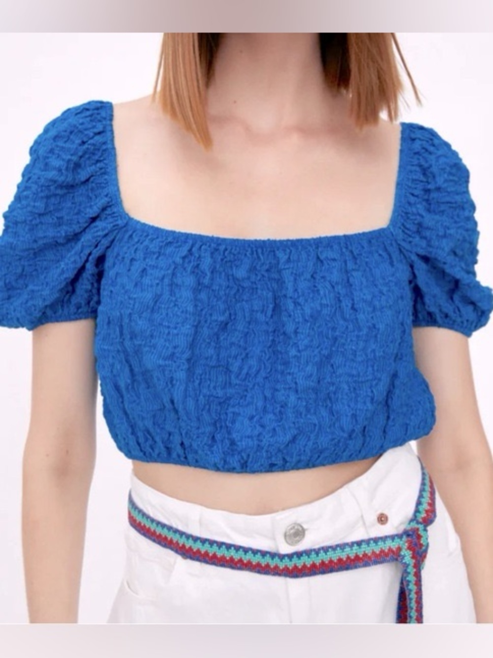 Zara Blue Puff Sleeve Crop Top